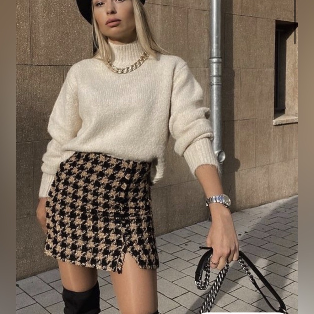 Zara Houndstooth Tweed Mini Skirt